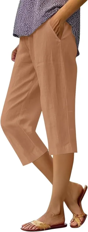 Linen Pants Women,Summer Capri Casual Drawstring Elastic Waist,Straight Wide Leg Pants Cotton Trousers with Pocket