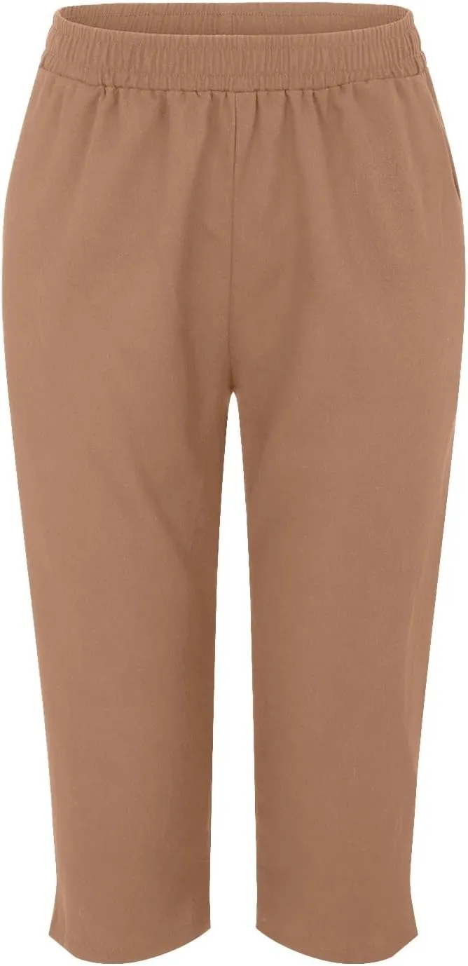 Linen Pants Women,Summer Capri Casual Drawstring Elastic Waist,Straight Wide Leg Pants Cotton Trousers with Pocket