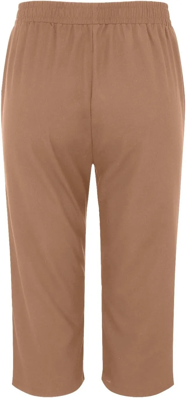 Linen Pants Women,Summer Capri Casual Drawstring Elastic Waist,Straight Wide Leg Pants Cotton Trousers with Pocket
