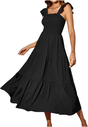 Lmdudan Women Ruffle Sleeveless Summer Sundress Square Neck High Waisted A Line Swing Tank Dress Trendy Solid Beach Dresses