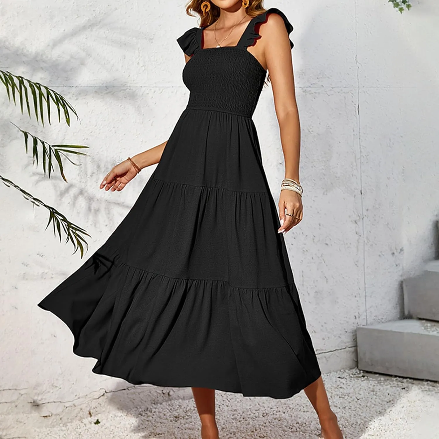 Lmdudan Women Ruffle Sleeveless Summer Sundress Square Neck High Waisted A Line Swing Tank Dress Trendy Solid Beach Dresses