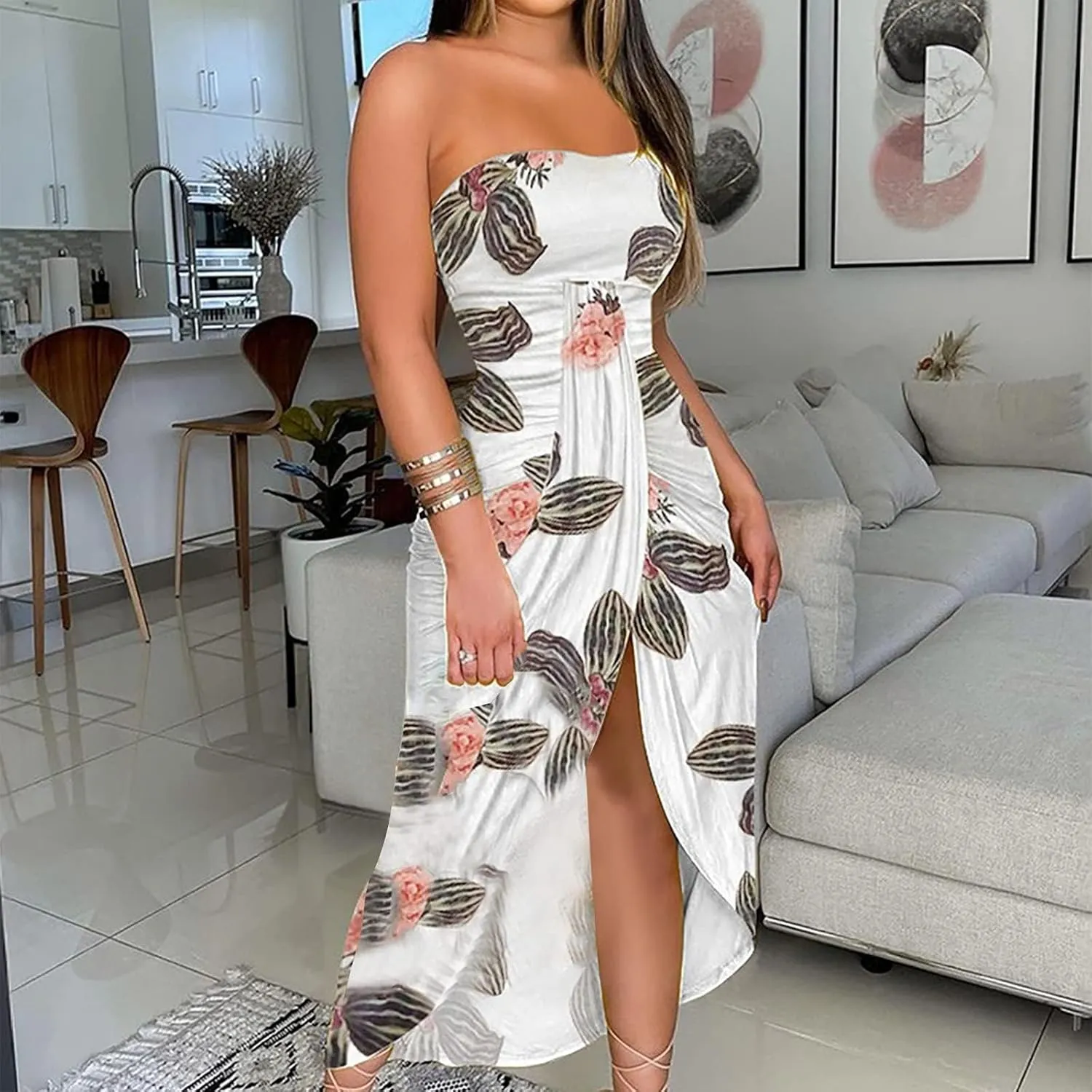 LOAIHA Summer Beach Strapless Dress for Women Boho Floral Maxi Tube Dress Sexy Vacation Ruched Asymmetrical Bandeau Sundress