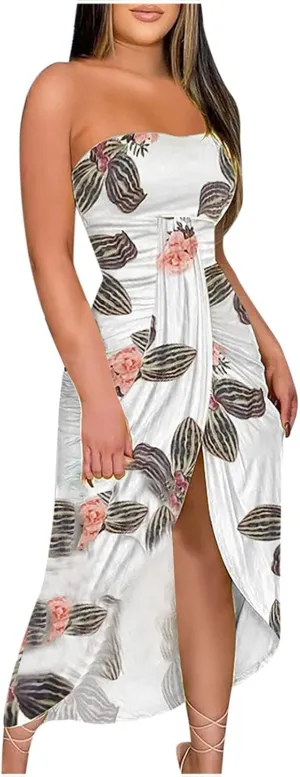 LOAIHA Summer Beach Strapless Dress for Women Boho Floral Maxi Tube Dress Sexy Vacation Ruched Asymmetrical Bandeau Sundress
