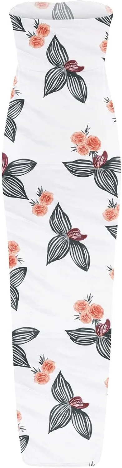 LOAIHA Summer Beach Strapless Dress for Women Boho Floral Maxi Tube Dress Sexy Vacation Ruched Asymmetrical Bandeau Sundress