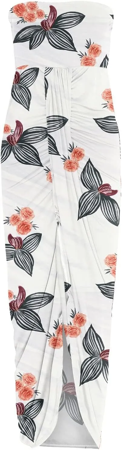 LOAIHA Summer Beach Strapless Dress for Women Boho Floral Maxi Tube Dress Sexy Vacation Ruched Asymmetrical Bandeau Sundress