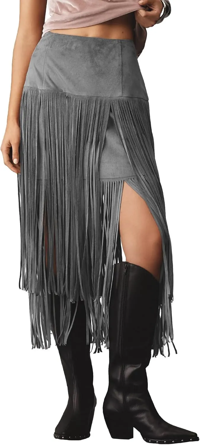 Locachy Womens Faux Suede Fringe Trim Midi Skirt Casual High Waist Bodycon Skirt