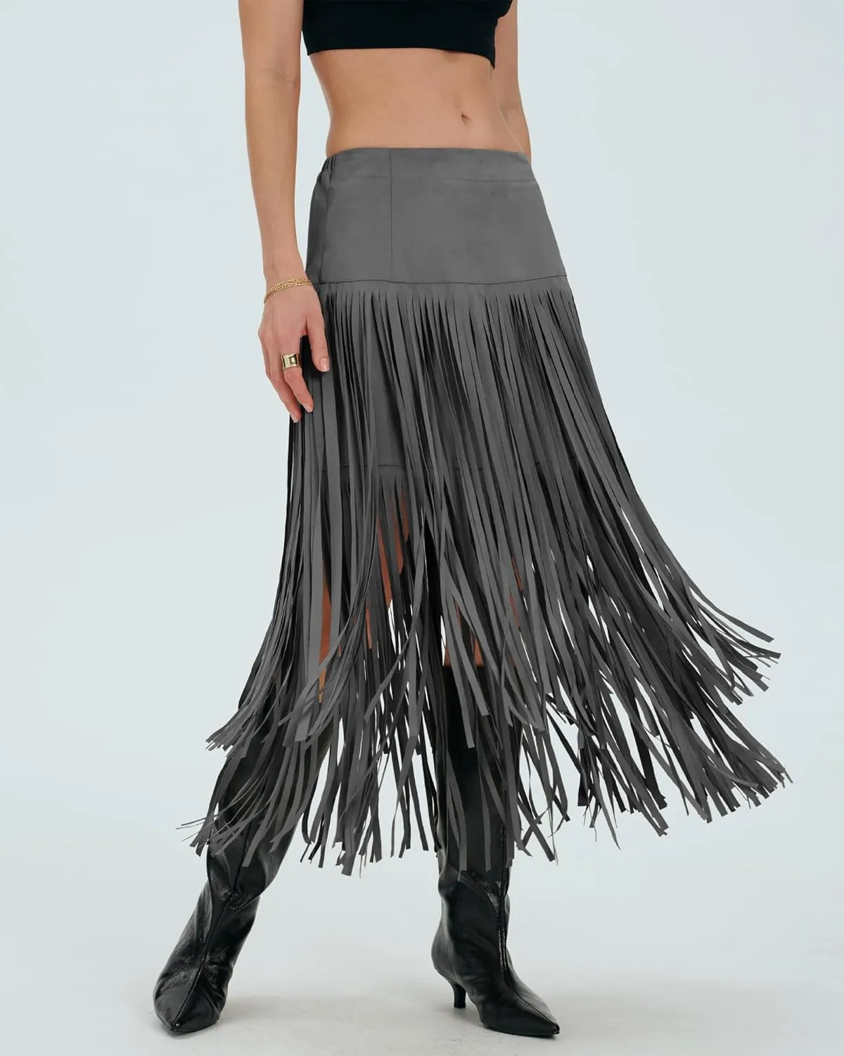 Locachy Womens Faux Suede Fringe Trim Midi Skirt Casual High Waist Bodycon Skirt