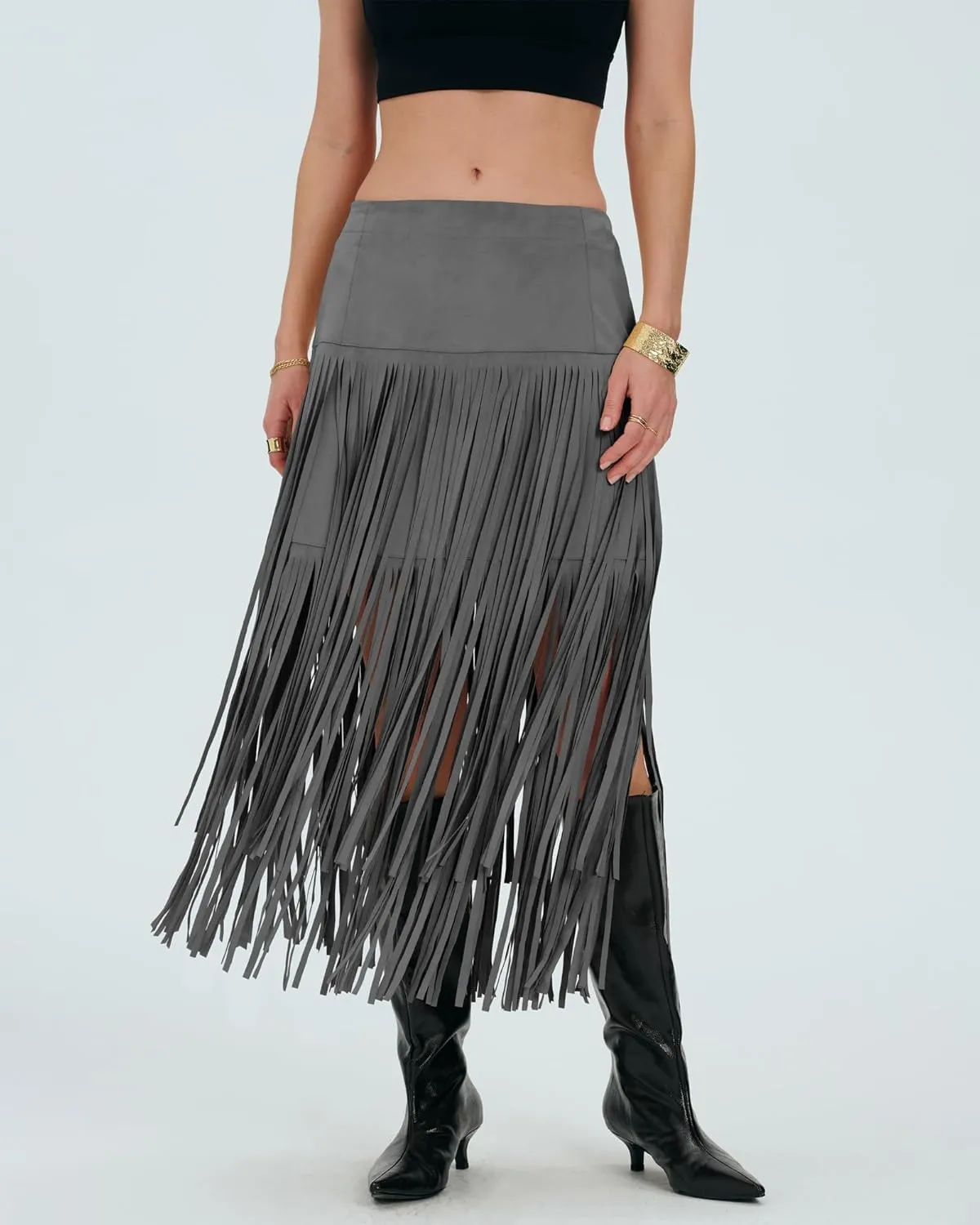 Locachy Womens Faux Suede Fringe Trim Midi Skirt Casual High Waist Bodycon Skirt