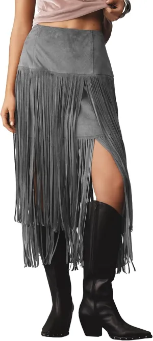 Locachy Womens Faux Suede Fringe Trim Midi Skirt Casual High Waist Bodycon Skirt