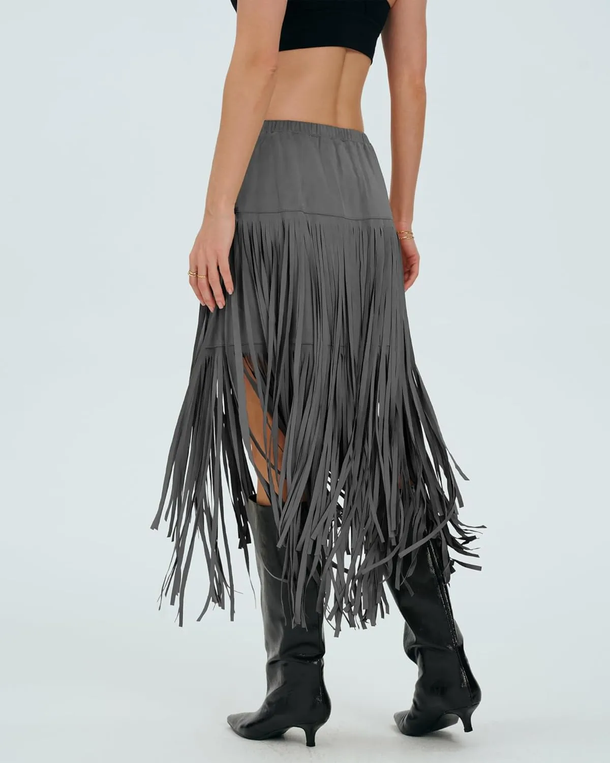 Locachy Womens Faux Suede Fringe Trim Midi Skirt Casual High Waist Bodycon Skirt