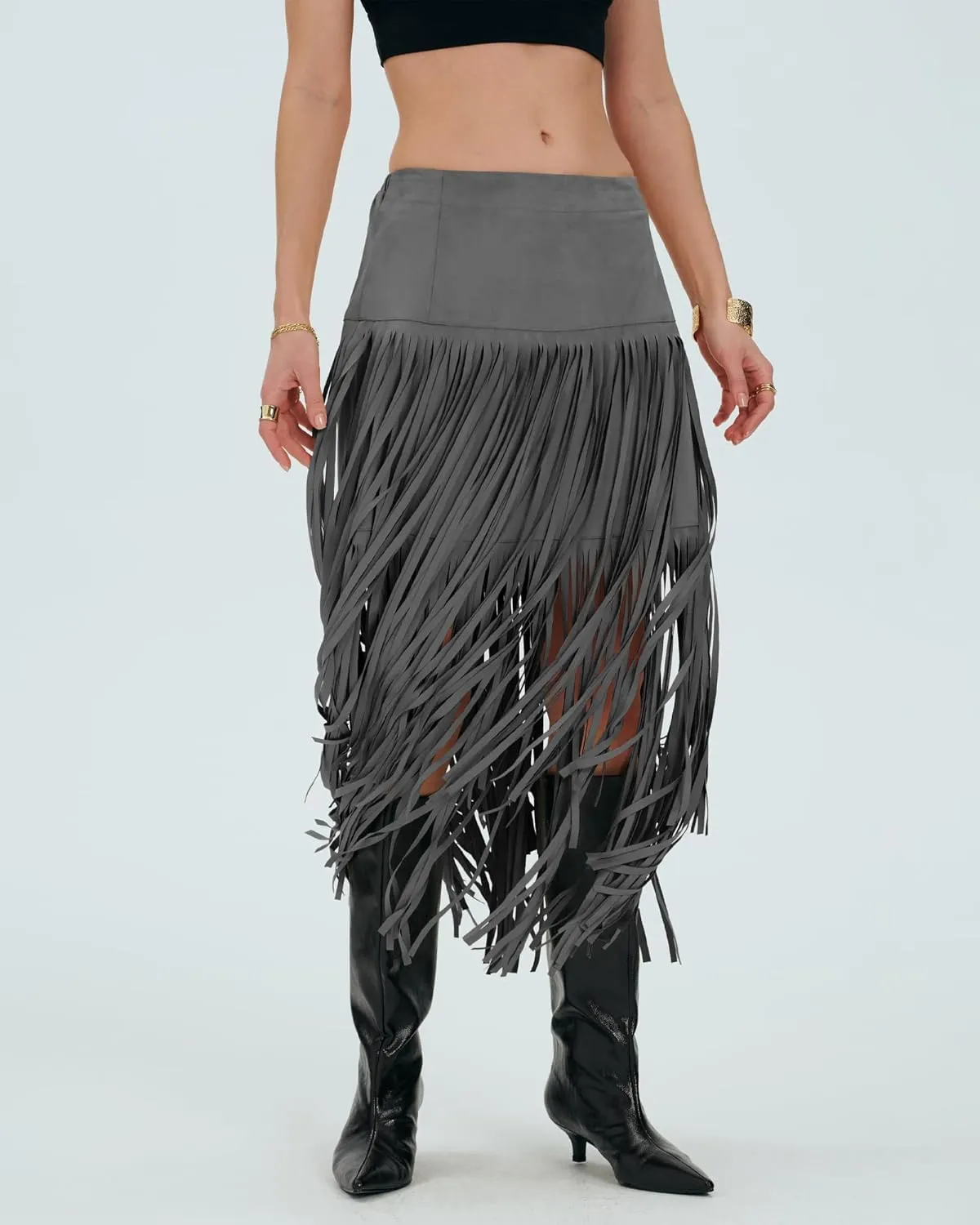 Locachy Womens Faux Suede Fringe Trim Midi Skirt Casual High Waist Bodycon Skirt