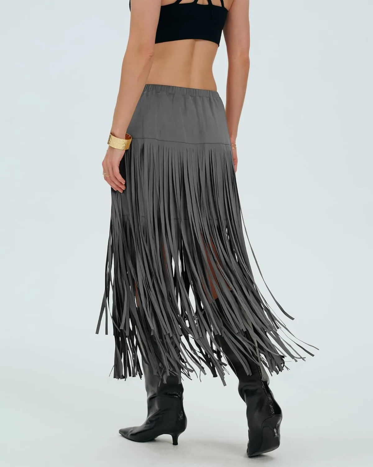 Locachy Womens Faux Suede Fringe Trim Midi Skirt Casual High Waist Bodycon Skirt