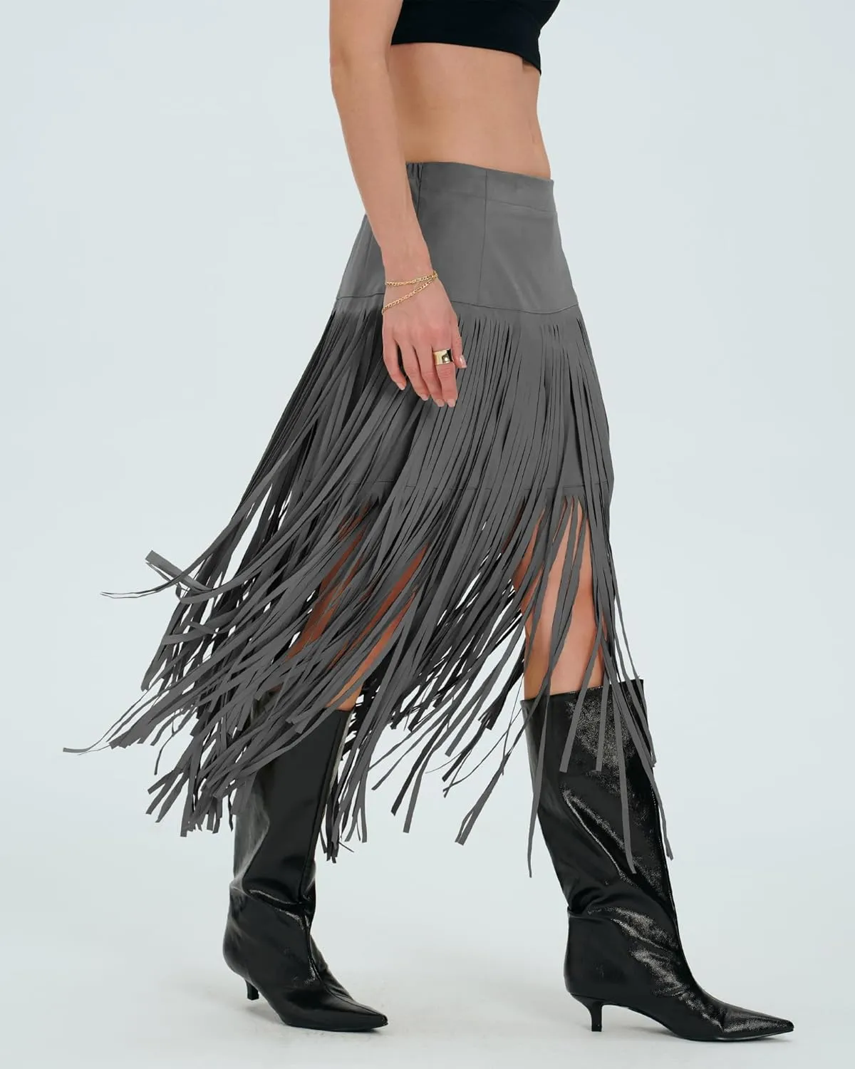 Locachy Womens Faux Suede Fringe Trim Midi Skirt Casual High Waist Bodycon Skirt