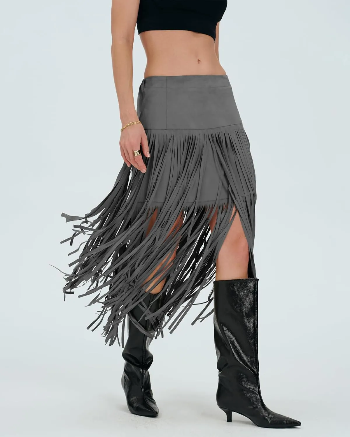Locachy Womens Faux Suede Fringe Trim Midi Skirt Casual High Waist Bodycon Skirt