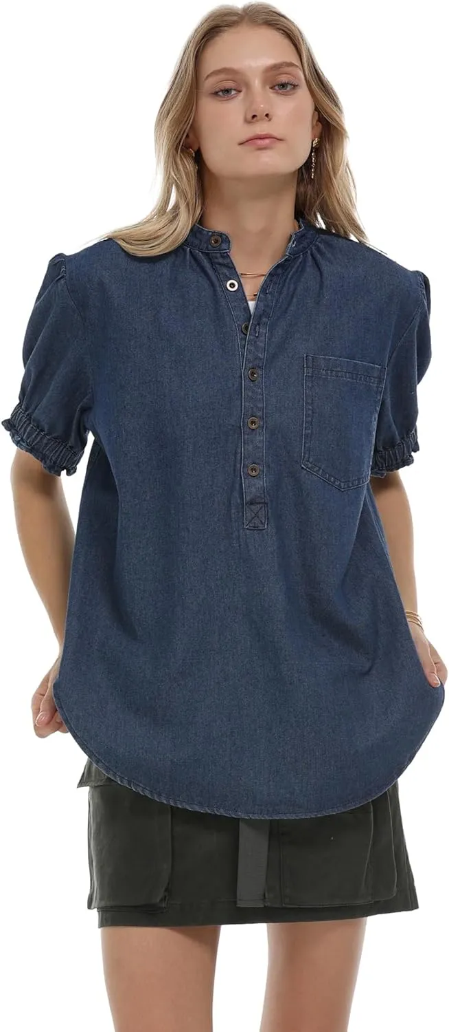 Locachy Women's Half Button Mock Neck Denim Shirt Casual Puff Short Sleeve Denim Blouse Top