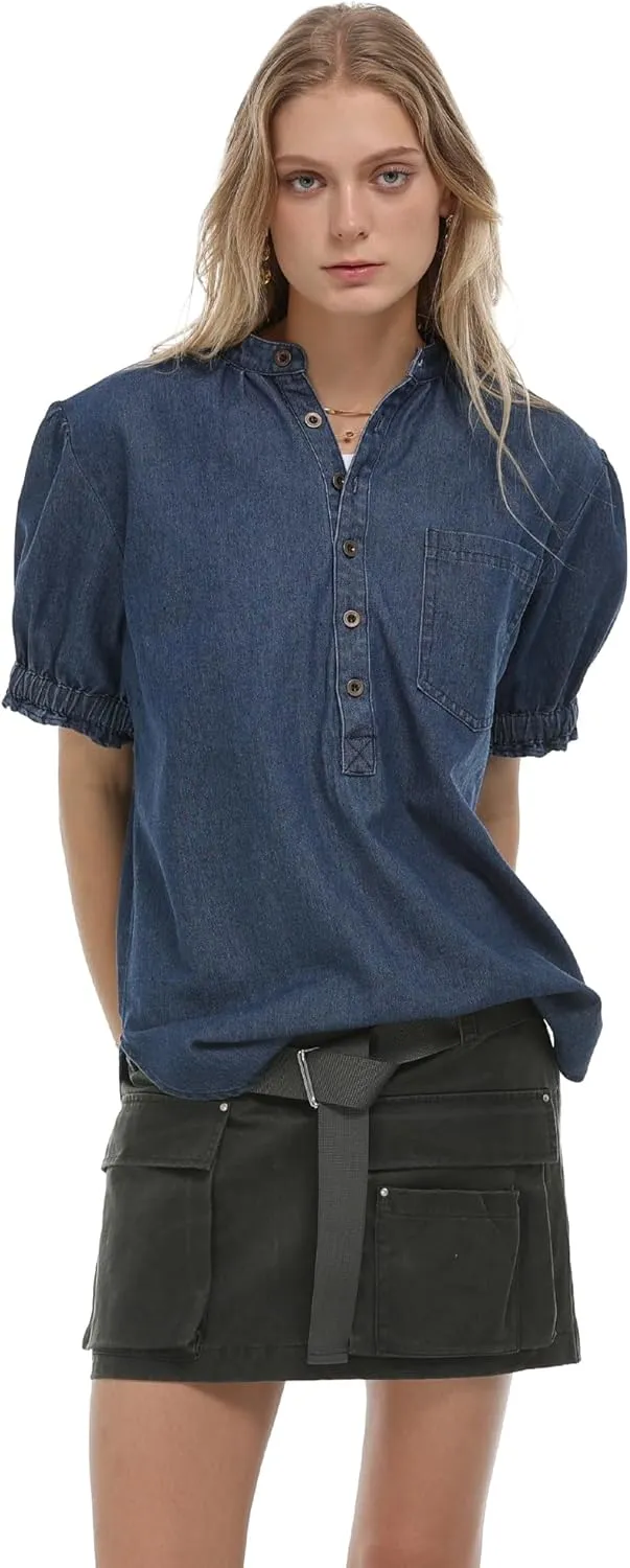 Locachy Women's Half Button Mock Neck Denim Shirt Casual Puff Short Sleeve Denim Blouse Top