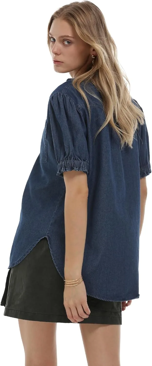 Locachy Women's Half Button Mock Neck Denim Shirt Casual Puff Short Sleeve Denim Blouse Top
