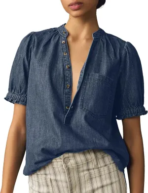 Locachy Women's Half Button Mock Neck Denim Shirt Casual Puff Short Sleeve Denim Blouse Top