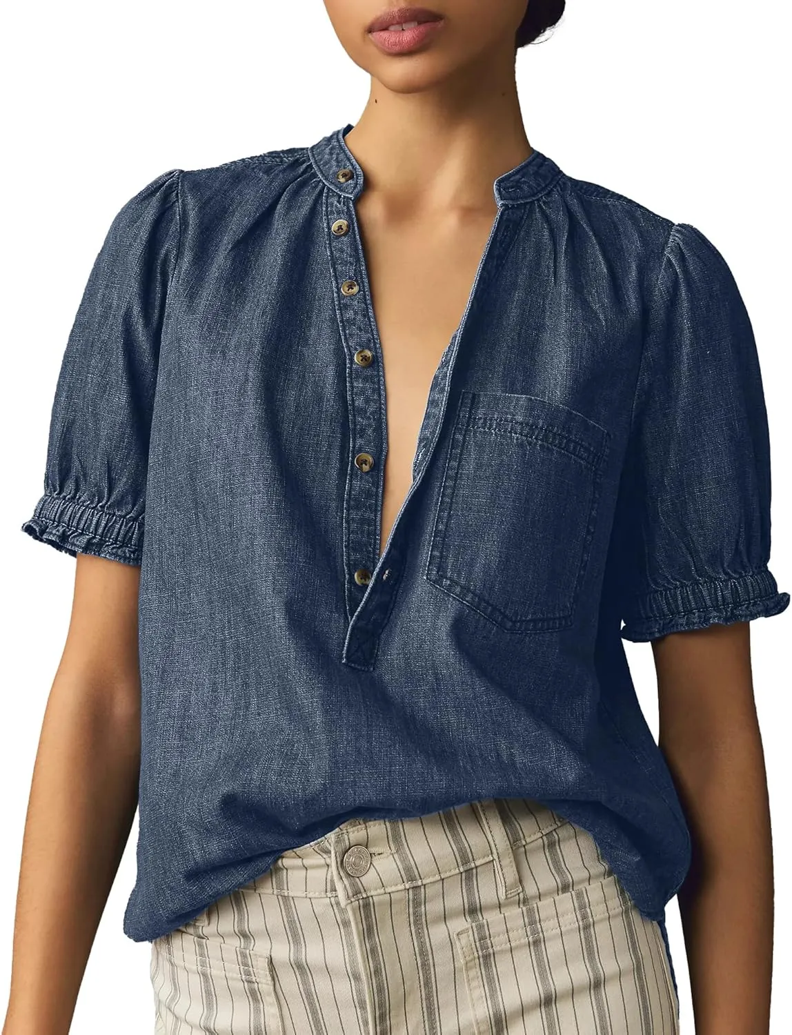 Locachy Women's Half Button Mock Neck Denim Shirt Casual Puff Short Sleeve Denim Blouse Top