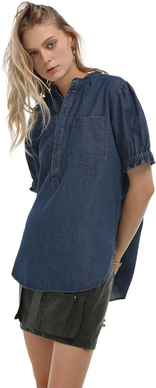 Locachy Women's Half Button Mock Neck Denim Shirt Casual Puff Short Sleeve Denim Blouse Top