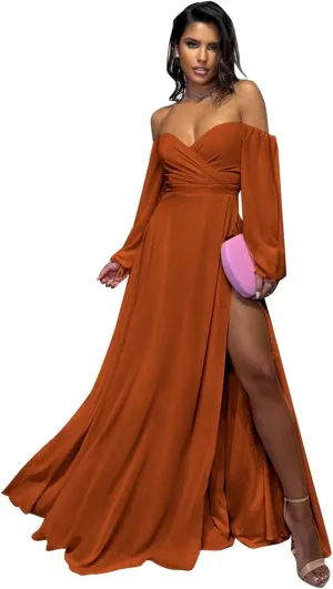 Long Sleeve Bridesmaid Dresses for Women A Line Off The Shoulder Chiffon Formal Evening Dress with Slit