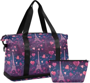 Love Eiffel Tower Sports Gym Bag with Waterproof Dry Wet Pocket, Travel Duffel Bag for Women MenWorkout Bag Fits Yoga, Swimming