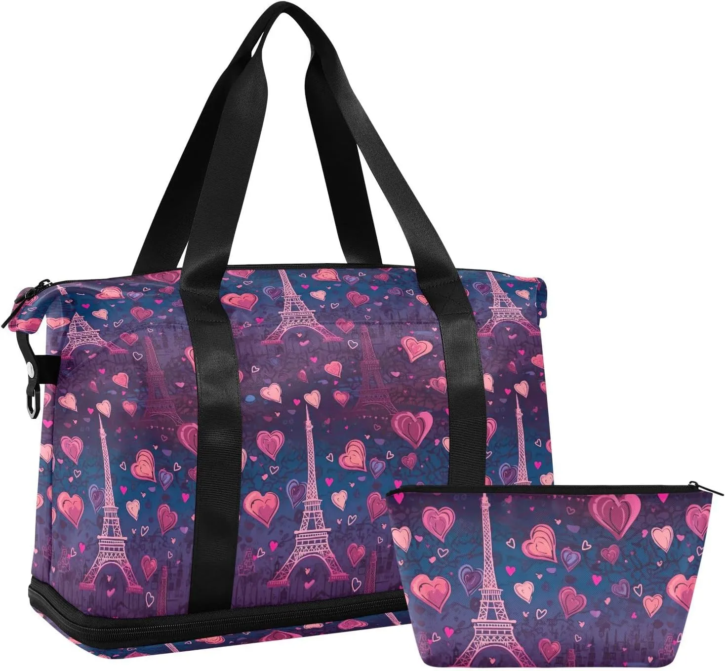 Love Eiffel Tower Sports Gym Bag with Waterproof Dry Wet Pocket, Travel Duffel Bag for Women MenWorkout Bag Fits Yoga, Swimming