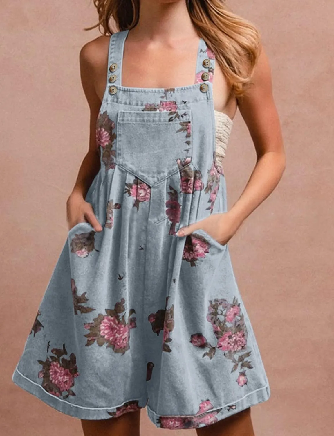 loveimgs Women Summer Straps Ruffle Short Denim Romper Floral Jean Overall Dress Cute Sleeveless Flared Jean Romper Y2k