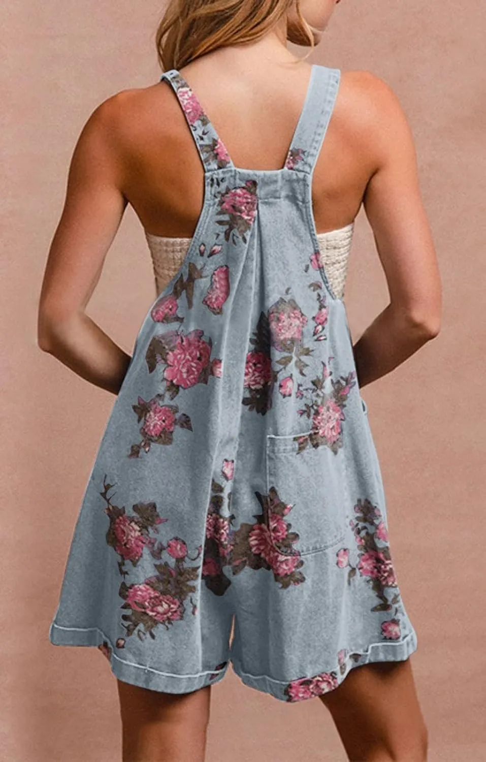 loveimgs Women Summer Straps Ruffle Short Denim Romper Floral Jean Overall Dress Cute Sleeveless Flared Jean Romper Y2k