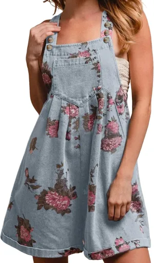 loveimgs Women Summer Straps Ruffle Short Denim Romper Floral Jean Overall Dress Cute Sleeveless Flared Jean Romper Y2k