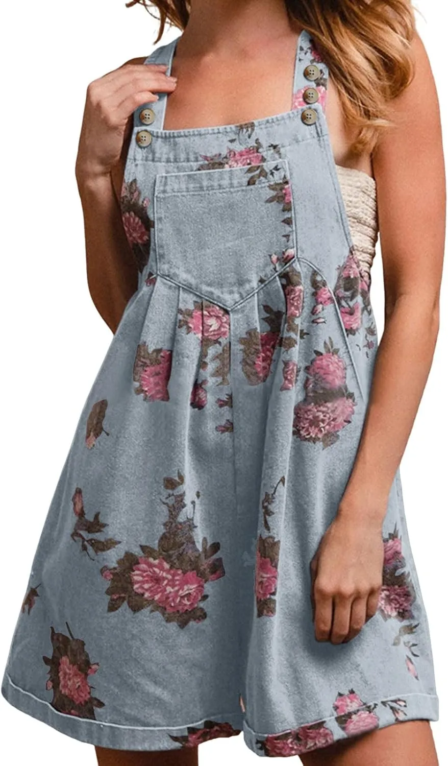 loveimgs Women Summer Straps Ruffle Short Denim Romper Floral Jean Overall Dress Cute Sleeveless Flared Jean Romper Y2k