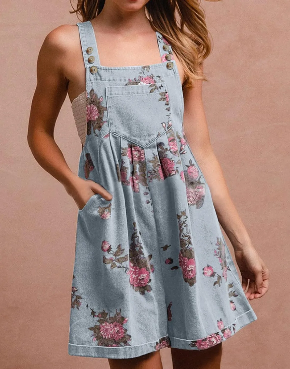 loveimgs Women Summer Straps Ruffle Short Denim Romper Floral Jean Overall Dress Cute Sleeveless Flared Jean Romper Y2k