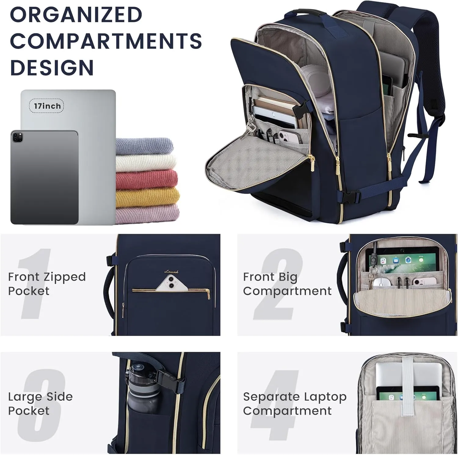 LOVEVOOK 40L Large Travel Backpack for Women Men, 17 Inch Carry on Backpack for Traveling on Airplane, Personal Item Travel Bag Airline Approved, Business Causal Weekender Backpack, Blue-Black