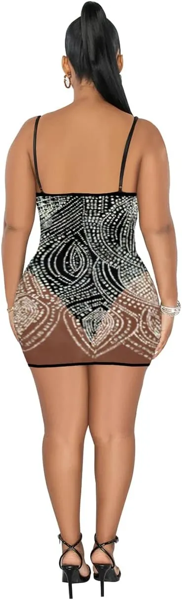 Lrady Women's Sexy Bodycon Spaghetti Strap Backless Sparkly See Through Mesh Mini Dresses for Birthday Club Party Homecoming