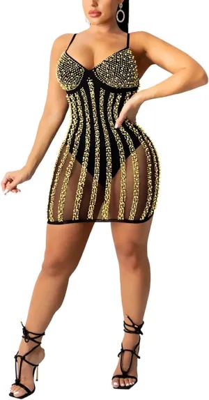 Lrady Women's Sexy Bodycon Spaghetti Strap Backless Sparkly See Through Mesh Mini Dresses for Birthday Club Party Homecoming