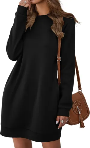 LYANER Women's Sweatshirt Dress Crewneck Long Sleeve Loose Fit Mini Sweat Shirt Dress with Pockets