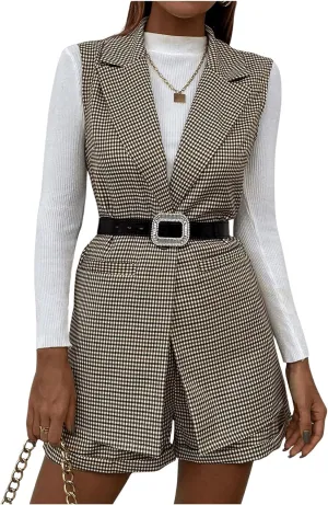 MakeMeChic Women's 2 Piece Outfit Gingham Print Lapel Neck Button Front Blazer Vest and Shorts Business Suit Set