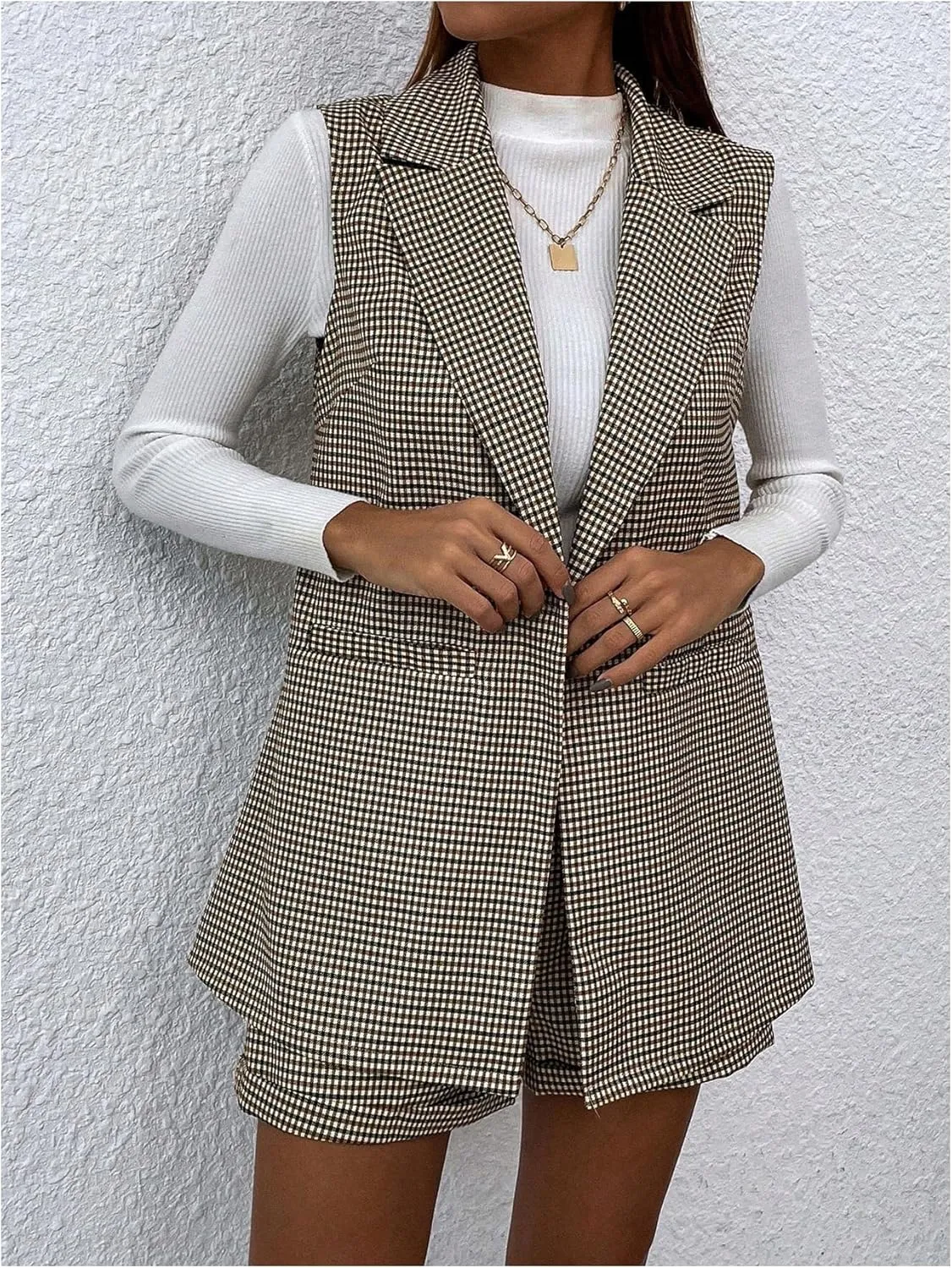MakeMeChic Women's 2 Piece Outfit Gingham Print Lapel Neck Button Front Blazer Vest and Shorts Business Suit Set