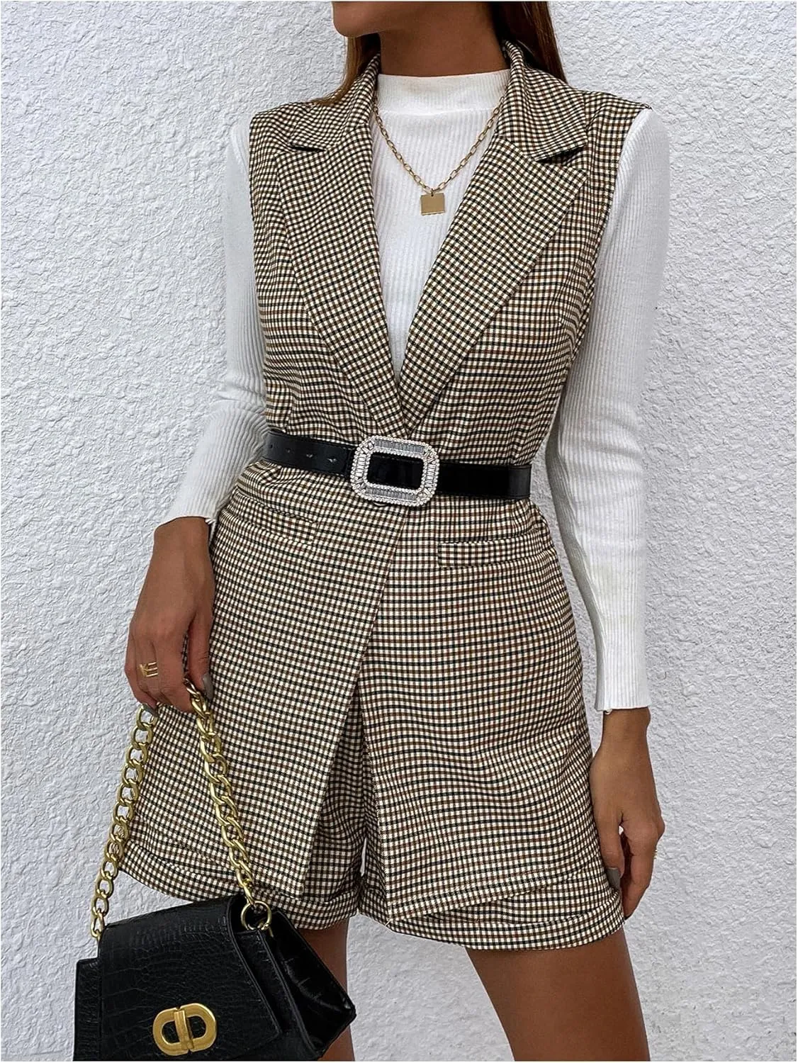 MakeMeChic Women's 2 Piece Outfit Gingham Print Lapel Neck Button Front Blazer Vest and Shorts Business Suit Set
