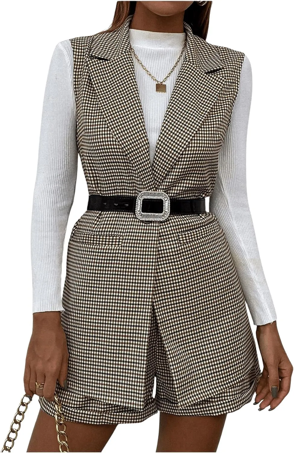 MakeMeChic Women's 2 Piece Outfit Gingham Print Lapel Neck Button Front Blazer Vest and Shorts Business Suit Set