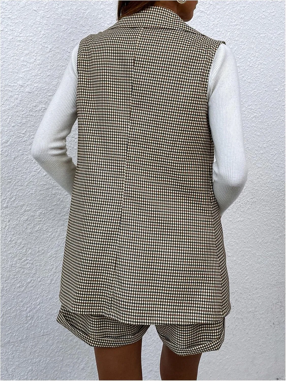 MakeMeChic Women's 2 Piece Outfit Gingham Print Lapel Neck Button Front Blazer Vest and Shorts Business Suit Set