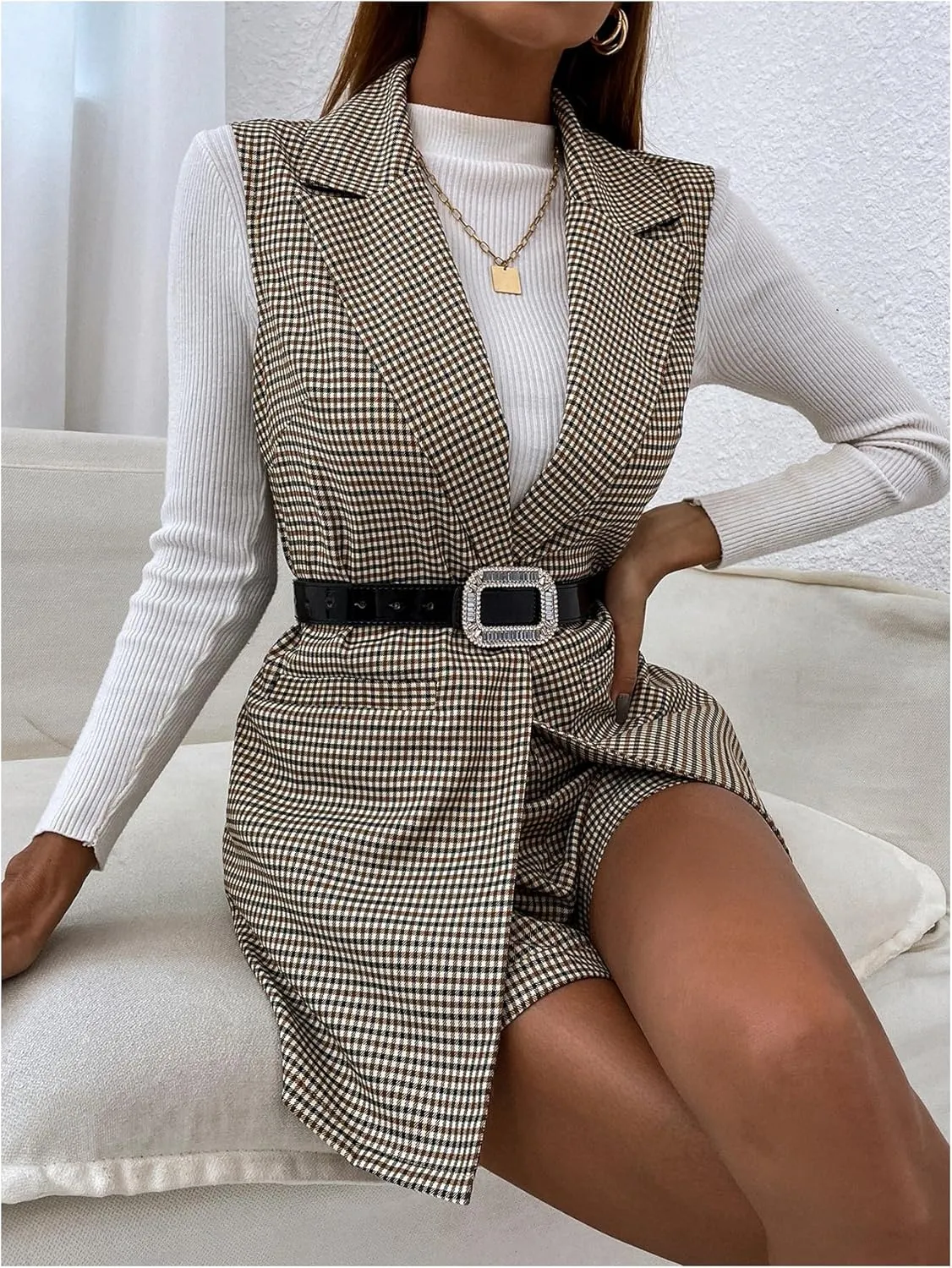 MakeMeChic Women's 2 Piece Outfit Gingham Print Lapel Neck Button Front Blazer Vest and Shorts Business Suit Set
