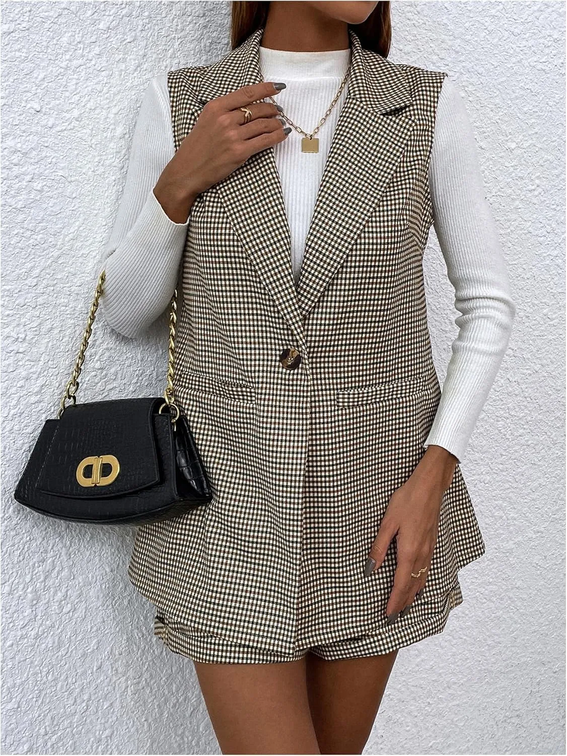MakeMeChic Women's 2 Piece Outfit Gingham Print Lapel Neck Button Front Blazer Vest and Shorts Business Suit Set