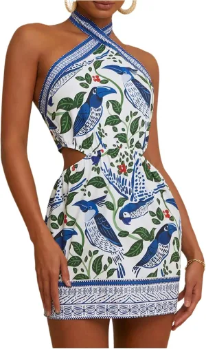 MakeMeChic Women's Chiffon Printed Halter Dress Tie Backless Criss Cross Cut Out Summer Mini Dresses