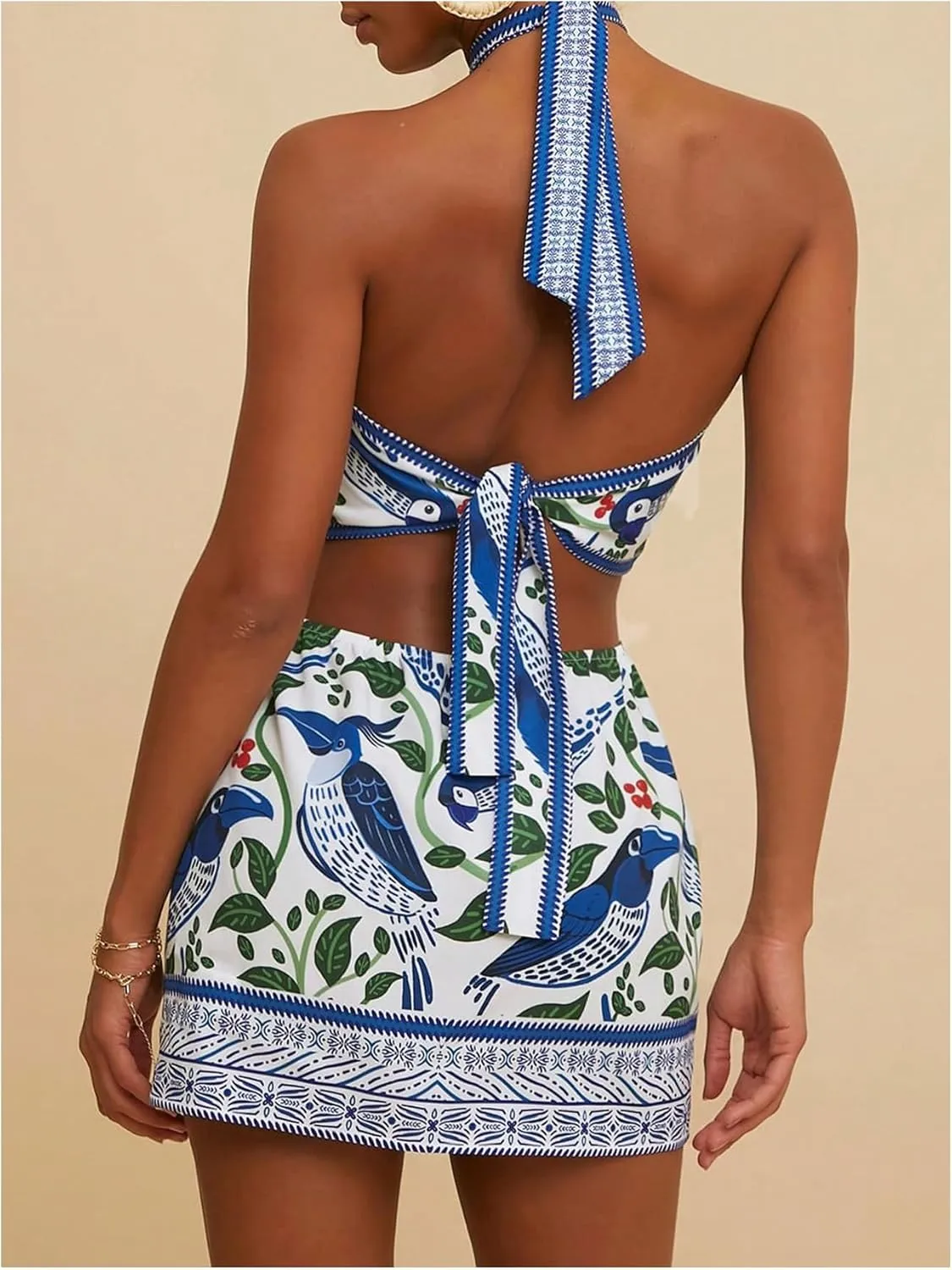 MakeMeChic Women's Chiffon Printed Halter Dress Tie Backless Criss Cross Cut Out Summer Mini Dresses