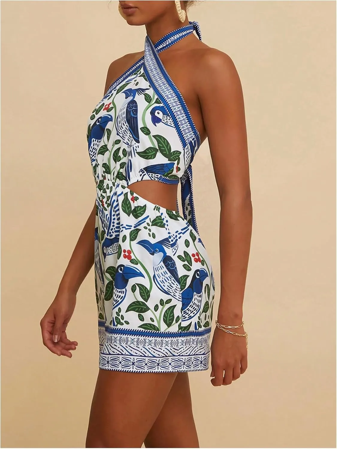 MakeMeChic Women's Chiffon Printed Halter Dress Tie Backless Criss Cross Cut Out Summer Mini Dresses
