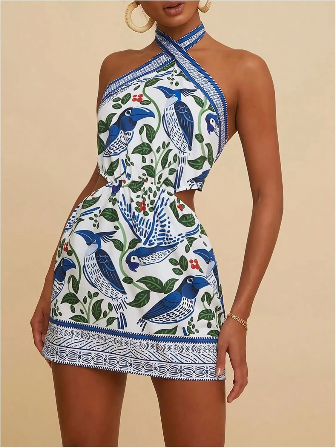MakeMeChic Women's Chiffon Printed Halter Dress Tie Backless Criss Cross Cut Out Summer Mini Dresses