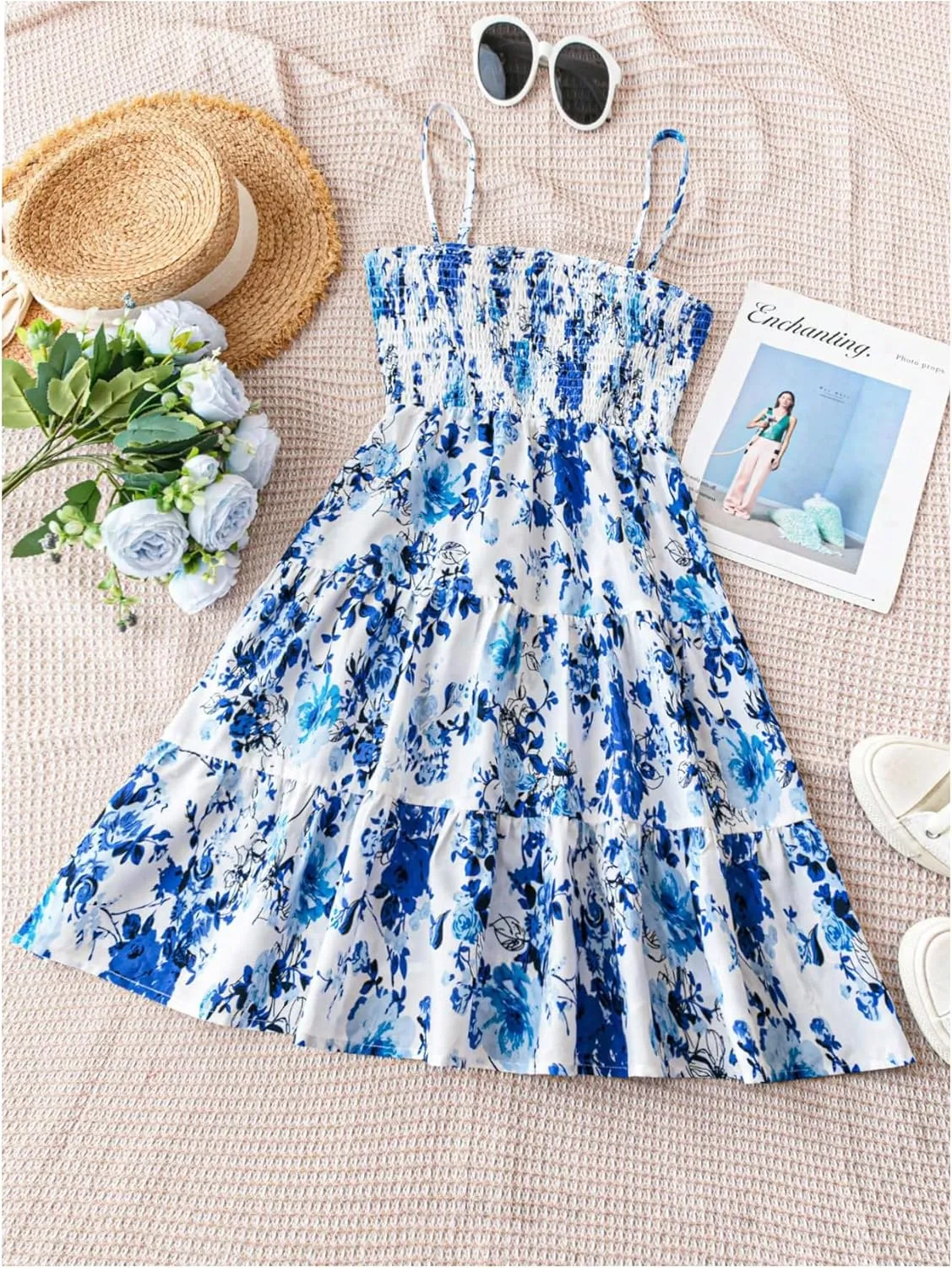 MakeMeChic Women's Floral Print Shirred Cami Dress Ruffle Tiered A Line Boho Mini Dresses