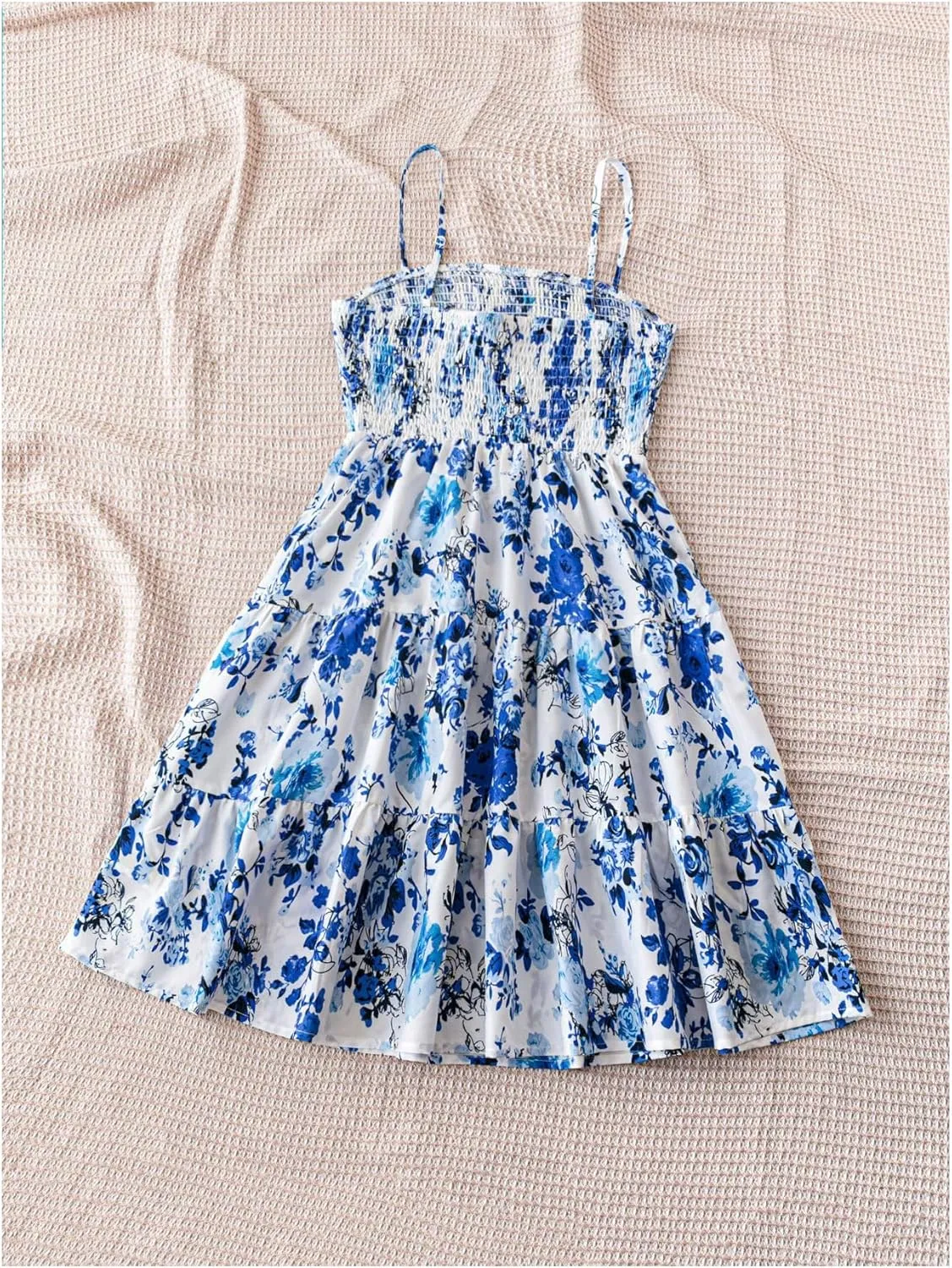 MakeMeChic Women's Floral Print Shirred Cami Dress Ruffle Tiered A Line Boho Mini Dresses