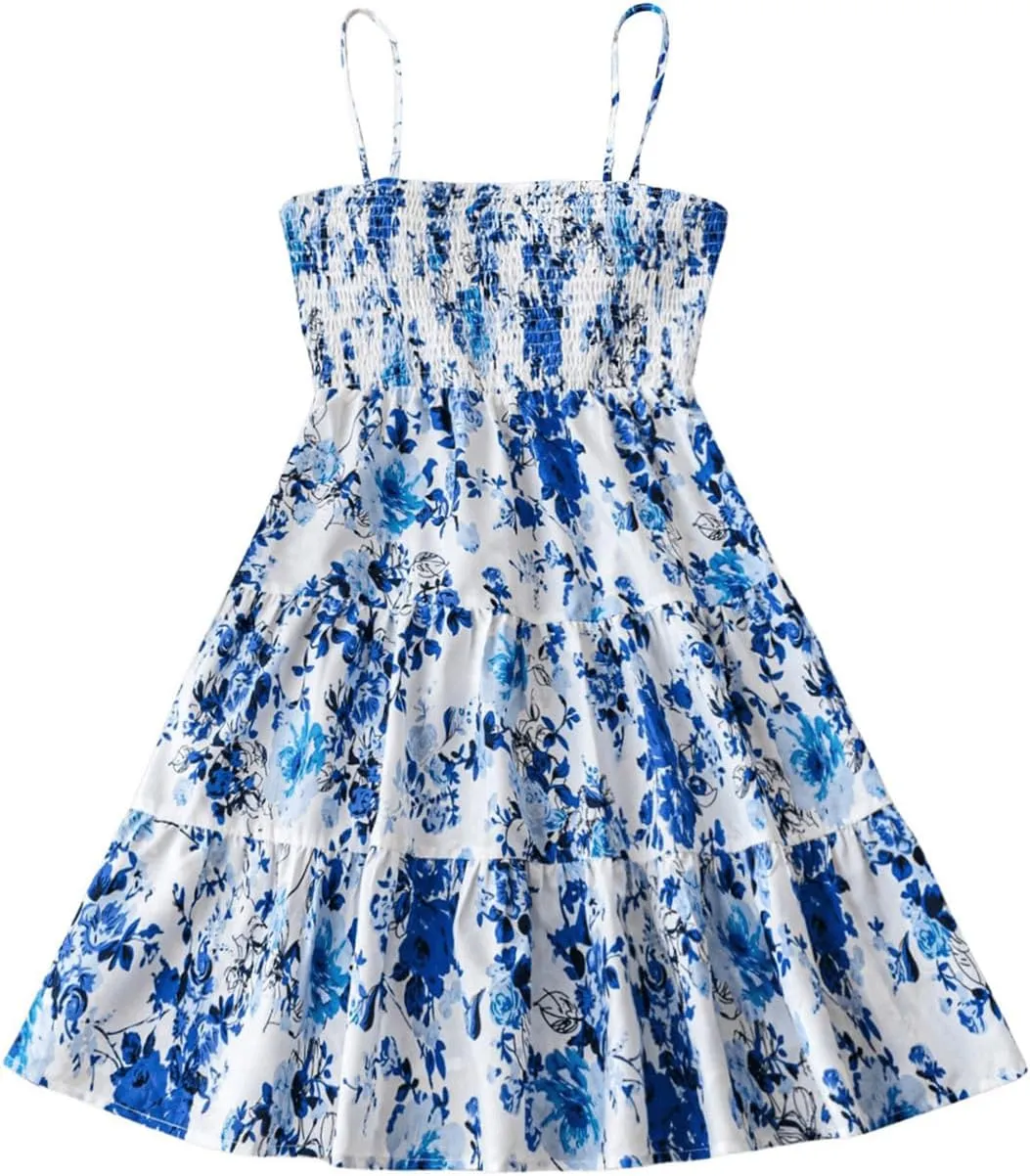 MakeMeChic Women's Floral Print Shirred Cami Dress Ruffle Tiered A Line Boho Mini Dresses